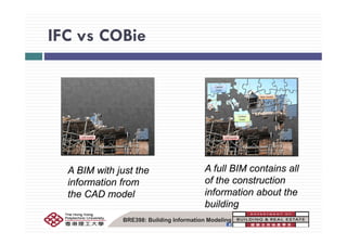 IFC vs COBieIFC vs COBie
A BIM with just the A full BIM contains all
f th t tiinformation from
the CAD model
of the construction
information about the
building
BRE398: Building Information Modeling
building
 