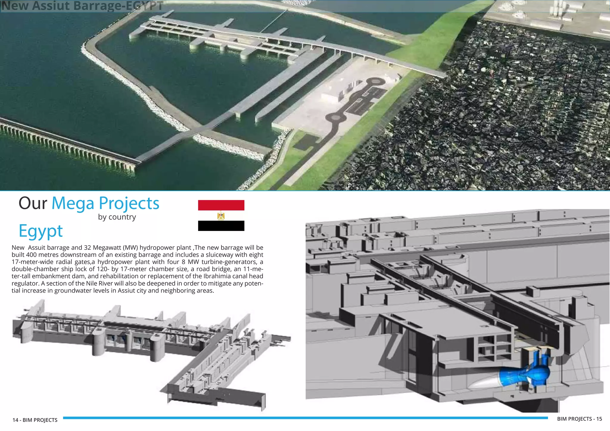 14 - BIM PROJECTS BIM PROJECTS - 15
Our Mega Projects
by country
Egypt
New Assuit barrage and 32 Megawatt (MW) hydropower plant ,The new barrage will be
built 400 metres downstream of an existing barrage and includes a sluiceway with eight
17-meter-wide radial gates,a hydropower plant with four 8 MW turbine-generators, a
double-chamber ship lock of 120- by 17-meter chamber size, a road bridge, an 11-me-
ter-tall embankment dam, and rehabilitation or replacement of the Ibrahimia canal head
regulator. A section of the Nile River will also be deepened in order to mitigate any poten-
tial increase in groundwater levels in Assiut city and neighboring areas.
New Assiut Barrage-EGYPT
 