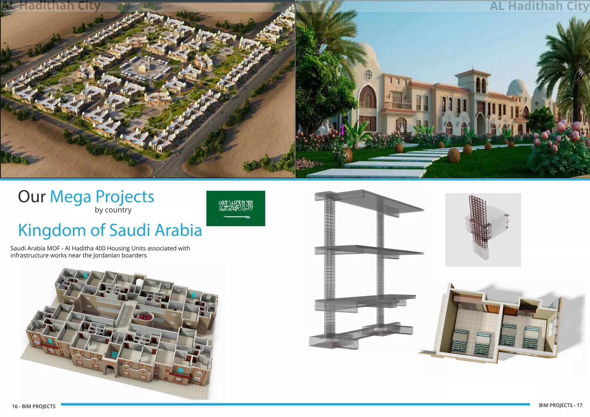 16 - BIM PROJECTS BIM PROJECTS - 17
Our Mega Projects
by country
Kingdom of Saudi Arabia
AL Hadithah City
Saudi Arabia MOF - Al Haditha 400 Housing Units associated with
infrastructure works near the Jordanian boarders
AL Hadithah City
 