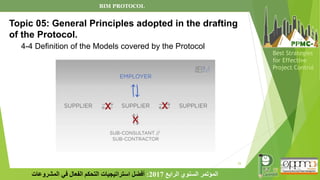 25
‫الرابع‬ ‫السنوي‬ ‫المؤتمر‬
2017
:
‫المشروعات‬ ‫في‬ ‫الفعال‬ ‫التحكم‬ ‫استراتيجيات‬ ‫أفضل‬
Best Strategies
for Effective
Project Control
Topic 05: General Principles adopted in the drafting
of the Protocol.
4-4 Definition of the Models covered by the Protocol
BIM PROTOCOL
 