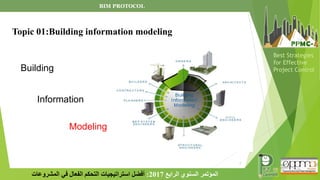 7
‫الرابع‬ ‫السنوي‬ ‫المؤتمر‬
2017
:
‫المشروعات‬ ‫في‬ ‫الفعال‬ ‫التحكم‬ ‫استراتيجيات‬ ‫أفضل‬
Best Strategies
for Effective
Project Control
Building
Information
Modeling
BIM PROTOCOL
Topic 01:Building information modeling
 