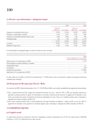 100

(c) fiscais e previdenciárias – obrigações legais


                                                                                                         2009                           2008
                                                                                     Indusval                       Indusval
                                                                                    Multistock    Consolidado      Multistock    Consolidado
Impostos e contribuições sobre lucros                                                  14.923          15.258          43.449         45.879
Impostos e contribuições a recolher                                                     3.670           3.816           4.916           5.078
Impostos e contribuições diferidos (Nota 11(b))                                         1.960           2.060             883             883
Obrigações legais                                                                         944             944          10.184         11.178
                                                                                       21.497          22.078          59.432         63.018
Circulante                                                                             18.593          19.174          48.365         50.957
Realizável a longo prazo                                                                2.904           2.904          11.067         12.061


A movimentação de obrigações legais no exercício pode ser assim resumida:


                                                                                                                                         2009
                                                                                                            Indusval Multistock e Consolidado
Saldo inicial em 31 de dezembro de 2008                                                                                                11.178
Movimentação do período refletida no resultado
Atualização/encargos                                                                                                                      311
Constituição                                                                                                                            1.308
Desistência de processos                                                                                                             (11.853)
Saldo final em 31 de dezembro de 2009                                                                                                     944


O saldo refere-se à incidência do ISS (Lei Complementar nº 116/03) sobre meios, instrumentos e etapas de operações financeiras
realizadas pela instituição.

(d) programa de recuperação fiscal – refis

Em novembro de 2009, o Banco Indusval aderiu à Lei nº 11.941/09 (Novo Refis), o que resultou na desistência dos seguintes processos judiciais:

• CSLL: questionamento da CSLL exigida das instituições financeiras nos anos – base de 1995 a 1998, por alíquotas superiores às
  aplicadas às pessoas jurídicas em geral, em desrespeito ao princípio constitucional da isonomia. O pagamento foi efetuado à vista,
  sendo que parcela dos valores envolvidos encontrava-se depositada em juízo. Gerou um resultado positivo após a tributação e
  realização de créditos tributários de R$ 2.735.
• Plano verão: questionamento sobre o índice aplicável de Correção Monetária de Balanço – relativo ao IPC do ano de 1989. O
  pagamento foi realizado à vista, gerando um resultado negativo após a tributação e realização de créditos tributários de R$ 735.

13 patrimônio líquido

(a) Capital social

O capital social encontra-se totalmente subscrito e integralizado, estando representado por 42.475.101 ações sendo 27.000.000
ordinárias e 15.475.101 preferenciais sem valor nominal.
 