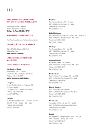 112

merCado de neGoCiação de                             Curitiba
títulos e valores mobiliários                        Rua Marechal Deodoro 950 – 9º andar
                                                     CEP: 80060-010 – Curitiba – PR – Brasil
BM&FBOVESPA S/A – Bolsa de                           Telefone: (41) 3303-6700
Valores, Mercadorias e Futuros                       Fax: (41) 3303 6716
Códigos da Ação: IDVL3 e IDVL4
                                                     belo Horizonte
auditores independentes                              Av. Olegário Maciel, 2.144 – 11º andar – salas 1101 e 1102
                                                     CEP: 30180-112 – Belo Horizonte – MG – Brasil
PriceWaterhouseCoopers Auditores Independentes       Telefone: (31) 2111-0888
                                                     Fax: (31) 2111-0861
divulGação de informações
                                                     maringá
Diário Oficial do Estado de São Paulo                Av. Duque de Caxias, 882 – Sala 303
Folha de São Paulo                                   CEP: 87020-025 – Maringá – PR – Brasil
www.indusval.com.br/ri                               Telefone: (44) 3302-4000
                                                     Fax: (44) 3303-4016
unidades de atendimento
a Clientes                                           Campo Grande
                                                     Rua Alberto Néder, 328 – sala 91
banco indusval multistock                            CEP: 79002-160 – Campo Grande – MS – Brasil
                                                     Telefone: (67) 2106-3950
são paulo – matriz                                   Fax: (67) 2106-3966
Rua Boa Vista, 356 – 11º andar
CEP: 01014-000 – São Paulo – SP – Brasil             porto alegre
Telefone: (11) 3315-6777                             Rua Furriel Luiz Antonio Vargas, 250 – sala 802
SAC e Ouvidoria: 0800 7040418                        CEP: 90470-130 – Porto Alegre – RS – Brasil
                                                     Telefone: (51) 3406-9100
Campinas                                             Fax: (51) 3406-9116
Av. José Bonifácio Coutinho Nogueira, 150 –
6º andar – sala 603                                  rio de Janeiro
CEP: 13091-611 – Campinas – SP – Brasil              Rua Lauro Muller, 116 – sala 3403
Telefone: (19) 3206-0788                             CEP: 22290-160 – Rio de Janeiro – RJ – Brasil
Fax: (19) 3207-3654                                  Telefone: (21) 3578-3200
                                                     Fax: (21) 3578-3220
Goiânia
Av. Republica do Líbano, 1551– 7º andar – sala 702   uberlândia
CEP: 74115-030 – Goiânia – GO – Brasil               Avenida Jaime Ribeiro da Luz, 971 – sala 32
Telefone: (62) 3878-0888                             CEP: 38408-188 – Uberlândia – MG – Brasil
Fax: (62) 3878-0860                                  Telefone: (34) 2102-8300
                                                     Fax: (34) 2102-8320

                                                     recife
                                                     Av. Engenheiro Domingos Ferreira, 2589 – sala 204
                                                     CEP: 51020-031 – Recife – PE – Brasil
                                                     Telefone: (81) 3092-2150
                                                     Fax: (81) 3092-2166
 