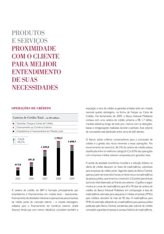 pRodutos
e seRviços
pRoximidade
com o cliente
paRa melhoR
entendimento
de suas
necessidades

oPERAçõES DE CRÉDIto                                                  exposição a risco de crédito as garantias emitidas tanto em moeda
                                                                      nacional quanto estrangeira, na forma de Fianças ou Carta de
                                                                      Crédito. No fechamento de 2009, o Banco Indusval Multistock
 carteira de crédito total . em R$ milhões
                                                                      contava com uma carteira de crédito próxima a R$ 1,7 bilhão,
     Garantias, Fianças e Cartas de Crédito                           mantida estável ao longo de todo ano, mesmo com as deduções,
     Financiamento ao Comércio Exterior                               baixas e renegociações realizadas durante o período. Esse volume
     Empréstimos e Financiamentos em Moeda Local                      de concessões está distribuído entre cerca de 660 clientes.

     CAGR                                     1.793,7
                                                                      O Banco adota critérios conservadores para a concessão de
     42,1%                                              1.698,7
                                                                      crédito e a gestão dos riscos inerentes a essas operações. No
                              1.329,0                                 encerramento do exercício, 86,5% da carteira de crédito estava
                                                                      classificada entre os melhores ratings (A-C) e 83% das operações
                                                                      com empresas médias estavam amparadas por garantias reais.
                 691,0
                                                                      A queda da atividade econômica mundial e a redução drástica na
   417,0
                                                                      oferta de crédito elevaram os níveis de inadimplência, sobretudo
                                                                      para empresas de médio porte. Segundo dados do Banco Central,
                                                                      apenas a partir de novembro houve um lento recuo na inadimplência
   2005          2006          2007            2008       2009        da pessoa jurídica, que encerrou o exercício 2,0 pontos percentuais
                                                                      acima do nível observado ao final do ano anterior. O gráfico a seguir
                                                                      mostra as curvas de inadimplência para 60 e 90 dias da carteira de
A carteira de crédito do BIM é formada principalmente por             crédito do Banco Indusval Multistock em comparação à taxa de
empréstimos e financiamentos em moeda local – basicamente,            inadimplência estimada para pequenas e médias empresas (PMEs)
financiamento de atividades rotineiras e operacionais para empresas   para créditos vencidos há mais de 90 dias. A inadimplência para
de médio porte do mercado interno – e moeda estrangeira,              PMEs foi estimada utilizando-se a inadimplência para pessoa jurídica
voltados para o financiamento do comércio exterior (trade             publicada pelo Banco Central, ponderada pelo volume de crédito
finance). Ainda que com menor relevância, compõem também a            concedido a grandes empresas e sua taxa histórica de inadimplência.
 