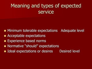 Meaning and types of expected
service
 Minimum tolerable expectations Adequate level
 Acceptable expectations
 Experience based norms
 Normative “should” expectations
 Ideal expectations or desires Desired level
 