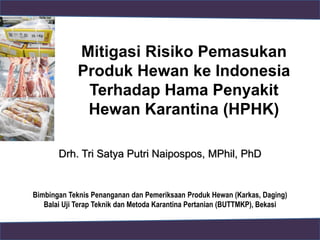 Bimbingan Teknis Penanganan dan Pemeriksaan Produk Hewan (Karkas, Daging)
Balai Uji Terap Teknik dan Metoda Karantina Pertanian (BUTTMKP), Bekasi
Mitigasi Risiko Pemasukan
Produk Hewan ke Indonesia
Terhadap Hama Penyakit
Hewan Karantina (HPHK)
Drh. Tri Satya Putri Naipospos, MPhil, PhD
Bimbingan Teknis Penanganan dan Pemeriksaan Produk Hewan (Karkas, Daging)
Balai Uji Terap Teknik dan Metoda Karantina Pertanian (BUTTMKP), Bekasi
 