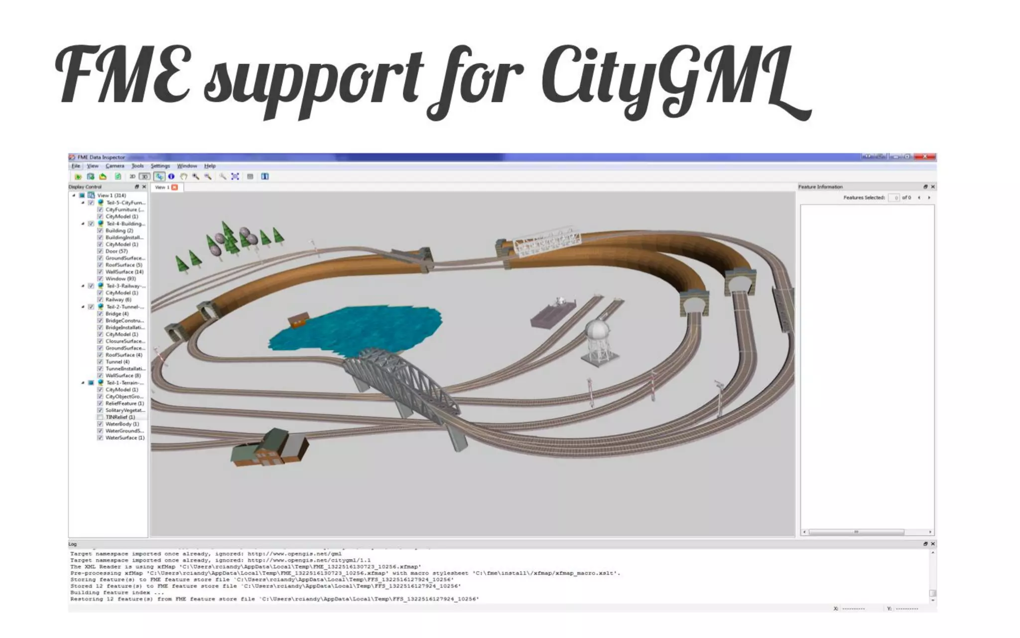 Read and Write CityGML up to version 2.0 
Support for any arbitrary ADE’s E.g. INSPIRE, Dutch IMGeo, Noise 
FME supports 
All thematic modules 
Level of Detail (LoD 0-4) 
Generic objects and attributes 
Non-spatial data / metadata 
Reprojection 
FME's support for CityGML  