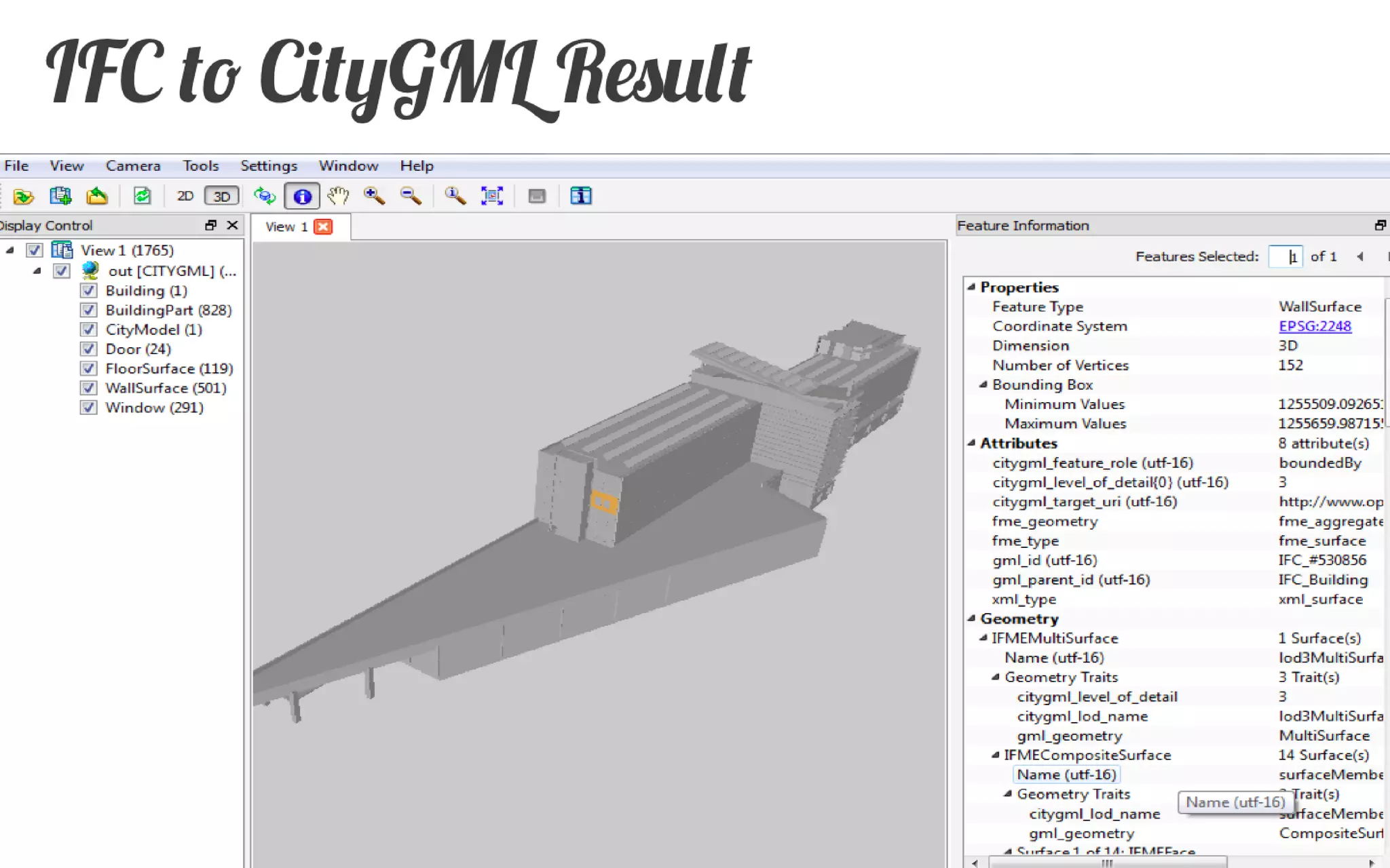 <CityModel> 
<cityObjectMember> 
<bldg:Building gml:id="UUID_13d7d225> 
... 
<creationDate>2008-12-09</creationDate> 
<bldg:boundedBy> 
<bldg:WallSurface gml:id="UUID_50d7d286"> 
... 
<bldg:opening> 
<bldg:Window gml:id="UUID_86e6b220"> 
... 
</bldg:Window> 
</bldg:WallSurface> 
<bldg:RoofSurface gml:id="UUID_535118a1"> 
... 
</bldg:RoofSurface> 
<bldg:GroundSurface gml:id="UUID_5350147b"> 
... 
</bldg:GroundSurface> 
</bldg:Building> 
</cityObjectMember> 
</CityModel> 
Writing CityGML: Sample  