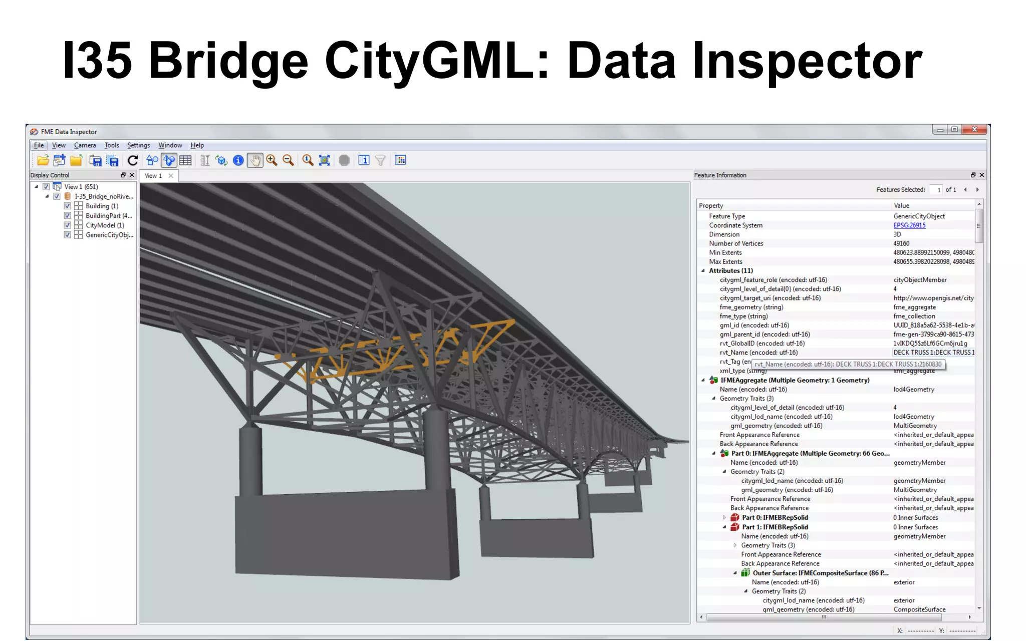 Revit to CityGML Demo: FME Workspace 
Read Revit .rvz file (from Revit->addins->FME Exporter) 
Georeference / reproject 
Schema mapping (feature type, attributes) 
Set IDs to define object hierarchies 
Set CityGML LOD and Role (lod4MultiSurface) 
Add external references (uri’s) 
Remove rivets 
Write CityGML features 
 