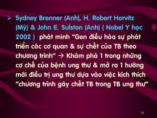 18
 Sydney Brenner (Anh), H. Robert Horvitz
(Myõ) & John E. Sulston (Anh) ( Nobel Y hoïc
2002 ) phaùt minh “Gen ñieàu hoøa söï phaùt
trieån caùc cô quan & söï cheát cuûa TB theo
chöông trình”  Khaùm phaù 1 trong nhöõng
cô cheá cuûa beänh ung thö & môû ra 1 höôùng
môùi ñieàu trò ung thö döïa vaøo vieäc kích thích
“chöông trình gaây cheát TB trong TB ung thö”
 