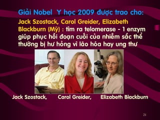 21
„ Giaûi Nobel Y hoïc 2009 ñöôïc trao cho:
„ Jack Szostack, Carol Greider, Elizabeth
Blackburn (Myõ) : tìm ra telomerase - 1 enzym
giuùp phuïc hoài ñoaïn cuoái cuûa nhieãm saéc theå
thöôøng bò hö hoûng vì laõo hoùa hay ung thö
Jack Szostack, Carol Greider, Elizabeth Blackburn
 