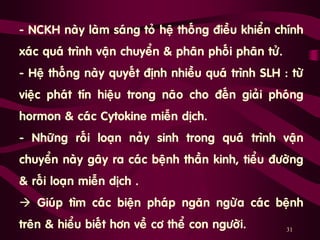 31
- NCKH naøy laøm saùng toû heä thoáng ñieàu khieån chính
xaùc quaù trình vaän chuyeån & phaân phoái phaân töû.
- Heä thoáng naøy quyeát ñònh nhieàu quaù trình SLH : töø
vieäc phaùt tín hieäu trong naõo cho ñeán giaûi phoùng
hormon & caùc Cytokine mieãn dòch.
- Nhöõng roái loaïn naûy sinh trong quaù trình vaän
chuyeån naøy gaây ra caùc beänh thaàn kinh, tieåu ñöôøng
& roái loaïn mieãn dòch .
 Giuùp tìm caùc bieän phaùp ngaên ngöøa caùc beänh
treân & hieåu bieát hôn veà cô theå con ngöôøi.
 