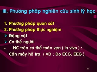 35
III. Phöông phaùp nghieân cöùu sinh lyù hoïc
1. Phöông phaùp quan saùt
2. Phöông phaùp thöïc nghieäm
 Ñoäng vaät
 Cô theå ngöôøi
- NC treân cô theå toaøn veïn ( in vivo ) :
Caàn maùy hoã trôï ( VD : Ño ECG, EEG )
 