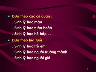 6
 Döïa theo caùc cô quan :
. Sinh lyù hoïc maùu
. Sinh lyù hoïc tuaàn hoaøn
. Sinh lyù hoïc hoâ haáp . . .
 Döïa theo löùa tuoåi :
. Sinh lyù hoïc treû em
. Sinh lyù hoïc ngöôøi tröôûng thaønh
. Sinh lyù hoïc ngöôøi giaø
 