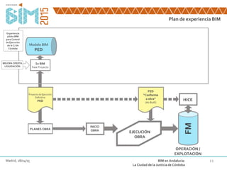 Proyecto de Ejecución
Definitivo
PED
PLANES OBRA
INICIO
OBRA
PED
“Conforme
a obra”
(As-Built)
EJECUCIÓN
OBRA
HICE
FM
OPERACIÓN /
EXPLOTACIÓN
Plan de experiencia BIM
13Madrid, 28/04/15 BIM en Andalucía:
La Ciudad de la Justicia de Córdoba
MEJORA OFERTA
LIQUIDACIÓN
Experiencia
piloto BIM
para Control
de Ejecución
de la CJ de
Córdoba
Modelo BIM
PED
Sv BIM
Fase Proyecto
 