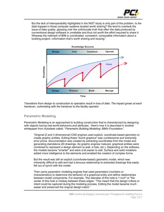 But the lack of interoperability highlighted in the NIST study is only part of the problem. Is the
      data trapped in those computer systems studied worth sharing? We tend to overlook the
      issue of data quality, glossing over the unfortunate truth that often the data produced by
      conventional design software is unreliable and thus not worth the effort required to share it.
      Whereas the hallmark of BIM is coordinated, consistent, computable information about a
      building project—information that’s worth sharing and reusing.”




Transitions from design to construction to operation result in loss of data. The impact grows at each
handover, culminating with the handover to the facility operator.


Parametric Modeling
Parametric Modeling is an approached to building construction that is characterized by designing
with objects having real-world behaviors and attributes. Here’s how it is described in another
whitepaper from Autodesk called, “Parametric Building Modeling: BIM's Foundation.”

        “Original (2 and 3 dimensional) CAD engines used explicit, coordinate-based geometry to
        create graphic entities. Editing these "dumb graphics" was cumbersome and extremely
        error prone. Documentation was created by extracting coordinates from the model and
        generating standalone 2D drawings. As graphic engines matured, graphical entities were
        combined to represent a design element (a wall, a hole, etc.). Depending on the software,
        the models became "smarter" and were a bit easier to edit. Surface and solid modelers
        added more intelligence to the elements and enabled the creation of complex forms.

        But the result was still an explicit (coordinate-based) geometric model, which was
        inherently difficult to edit and had a tenuous relationship to extracted drawings that easily
        fell out of synch with the model.

        Then came parametric modeling engines that used parameters (numbers or
        characteristics) to determine the behavior of a graphical entity and define relationships
        between model components. For example, "the diameter of this hole is 1 inch" or "the
        center of this hole is midway between these edges.” This meant that the design criteria or
        intent could be captured during the modeling process. Editing the model became much
        easier and preserved the original design intent.”

                                       BIM Seamlessly Bridging Communication Throughout the Building Process
                                                                                                  Page 3 of 7
 