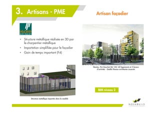 Artisan façadierArtisans - PME3.
• Structure métallique réalisée en 3D par
le charpentier métallique
• Importation simplifiée pour le façadier
• Gain de temps important (F4)
Nantes, Pré Gauchet Ilot 1A2, 60 logements et 3 locaux
d'activités - Gaëlle Péneau architectes associés
Structure métallique importée dans la modèle
BIM niveau 2
 