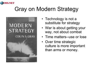Gray on Modern Strategy Technology is not a substitute for strategy War is about getting your way, not about combat Time matters--use or lose Over time strategic culture is more important than arms or money. 