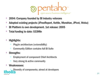 ⇨
    2004: Company founded by BI industry veterans
⇨   Adopted existing projects (JFreeReport, Kettle, Mondrian, JPivot, Weka)
⇨   BI Platform is own development. 1st release: 2005
⇨
    Total funding to date: $33Mln

⇨   Highlights:
    ⇨   Plug-in architecture (extensibility)
    ⇨   Community Edition contains full BI Suite
⇨   Strengths:
    ⇨   Employment of component Chief Architects
    ⇨   Very strong & active community
⇨
    Weaknesses:
    ⇨   Diversity of components; aimed at developers
                                                                              27
 