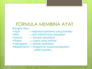FORMULA MEMBINA AYAT Rangka idea : Apa  -> kejadian/peristiwa yang berlaku Bila  -> bila tarikh/masa diadakan Mana  -> tempat diadakan Siapa  -> siapa yang terlibat Mengapa  -> sebab diadakan Bagaimana -> bagaiman suasana/kejadian   boleh berlaku 