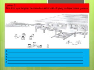 1.__________________________________________________________ 2.__________________________________________________________ 3.__________________________________________________________ 4.__________________________________________________________ 5.__________________________________________________________ Latihan 5 Bina lima ayat lengkap berdasarkan aktiviti-aktiviti yang terdapat dalam gambar 