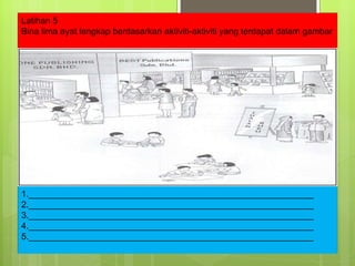 1.__________________________________________________________ 2.__________________________________________________________ 3.__________________________________________________________ 4.__________________________________________________________ 5.__________________________________________________________ Latihan 5 Bina lima ayat lengkap berdasarkan aktiviti-aktiviti yang terdapat dalam gambar 