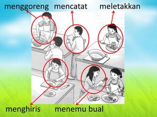 menghiris menemu bual
menggoreng mencatat meletakkan
 