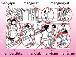 menyapu    mengecat     mengangkat




membersihkan menolak menyiram menanam
 