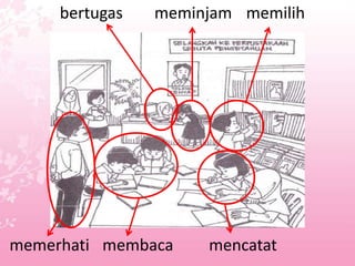 bertugas   meminjam memilih




memerhati membaca    mencatat
 