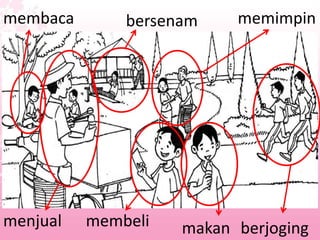 membaca       bersenam    memimpin




menjual   membeli   makan berjoging
 