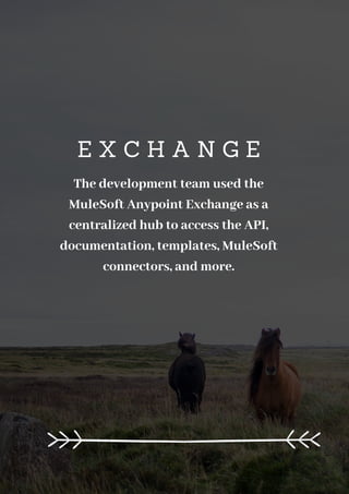 E X C H A N G E
The development team used the
MuleSoft Anypoint Exchange as a
centralized hub to access the API,
documentation, templates, MuleSoft
connectors, and more.
 