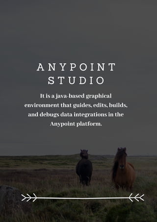 A N Y P O I N T
S T U D I O
It is a java-based graphical
environment that guides, edits, builds,
and debugs data integrations in the
Anypoint platform.
 