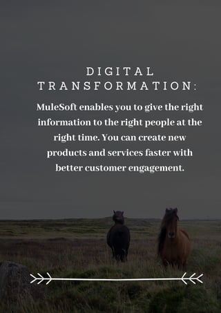 D I G I T A L
T R A N S F O R M A T I O N :
MuleSoft enables you to give the right
information to the right people at the
right time. You can create new
products and services faster with
better customer engagement.
 