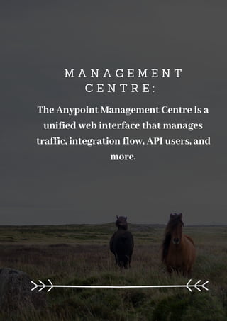 M A N A G E M E N T
C E N T R E :
The Anypoint Management Centre is a
unified web interface that manages
traffic, integration flow, API users, and
more.
 