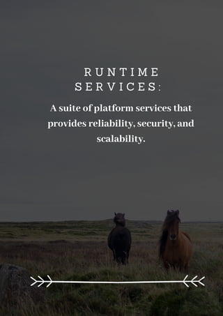 R U N T I M E
S E R V I C E S :
A suite of platform services that
provides reliability, security, and
scalability.
 