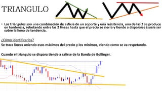 • Los triángulos son una combinación de asfixia de un soporte y una resistencia, una de las 2 se produce
en tendencia, rebotando entre las 2 líneas hasta que el precio se cierra y tiende a dispararse (suele ser
sobre la línea de tendencia.
¿Cómo identificarlos?
Se traza líneas uniendo esos máximos del precio y los minimos, viendo como se va respetando.
Cuando el triangulo se dispara tiende a salirse de la Banda de Bollinger.
 