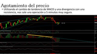 • Utilizando el cambio de tendencia de MACD y una divergencia con una
resistencia, nos sale una operación a 5 minutos muy segura.
 