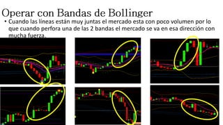• Cuando las líneas están muy juntas el mercado esta con poco volumen por lo
que cuando perfora una de las 2 bandas el mercado se va en esa dirección con
mucha fuerza.
 