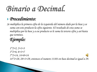 Procedimiento:
Se multiplica la primera cifra de la izquierda del número dado por la base y se
suma con este producto la cifra siguiente. El resultado de esta suma se
multiplica por la base y a ese producto se le suma la tercera cifra y así hasta
que termines.
Ejemplo:
1*2=2, 2+1=3
3*2=6, 6+1=7
7*2=14, 14+0=14
14*2=28, 28+1=29, entonces el numero 11101 en base decimal es igual a 29.
 