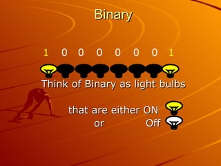 Binary  Think of Binary as light bulbs  that are either ON  or  Off 1 0 0 0 0 0 0 1 