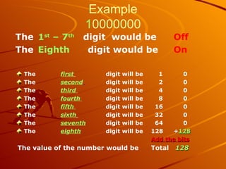 Example 1 0000000 The   1 st  – 7 th   digit  would be   Off The  Eighth  digit would be  On The  first   digit will be    1   0 The  second   digit will be    2    0 The  third  digit will be    4   0 The  fourth   digit will be    8   0 The  fifth  digit will be    16   0 The  sixth   digit will be    32   0 The  seventh   digit will be    64   0 The  eighth   digit will be  128  + 128 Add the bits The value of the number would be Total  128   