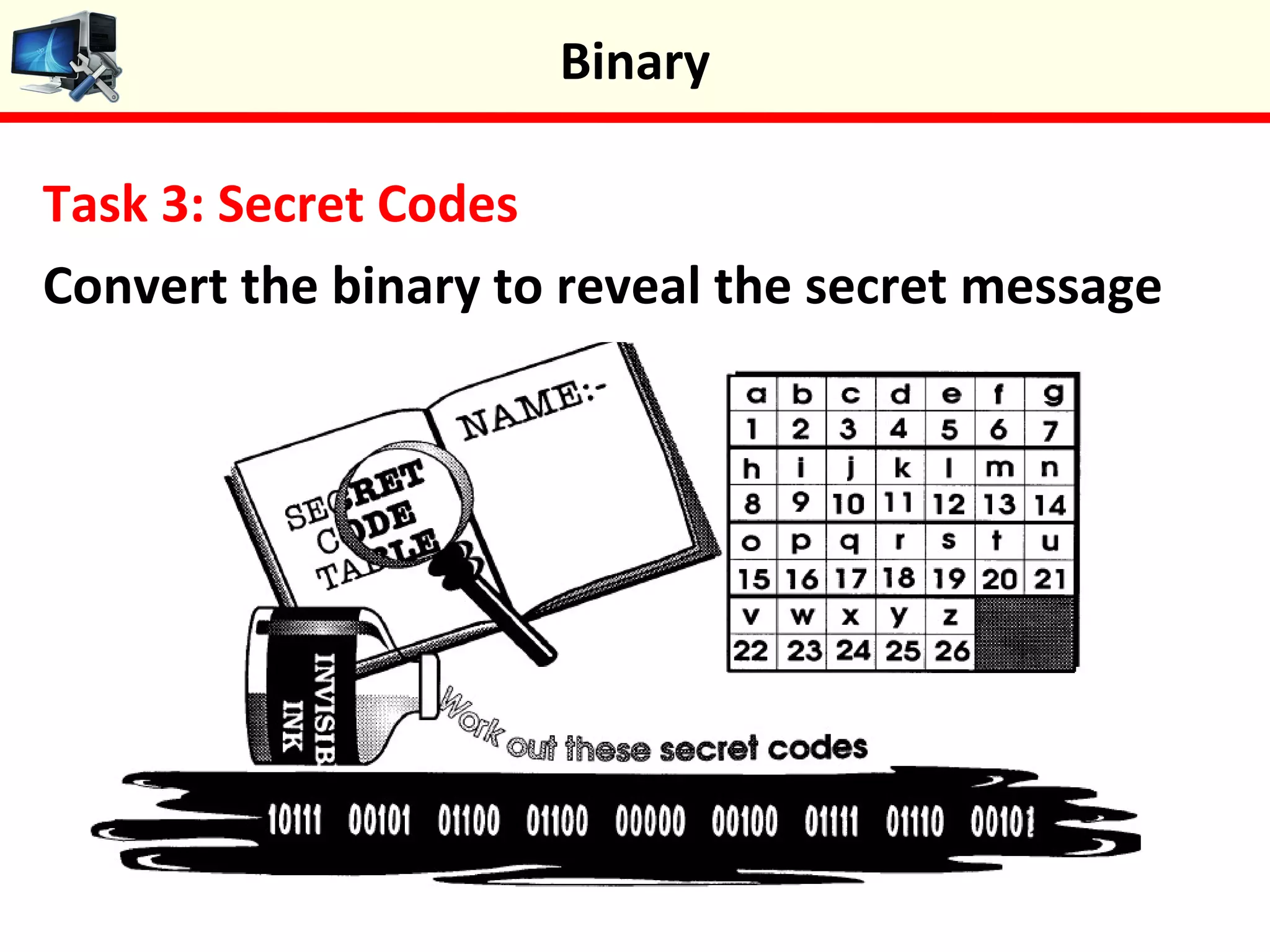 Task 3: Secret Codes
Convert the binary to reveal the secret message
Binary
 