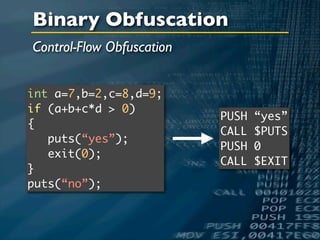 Binary Obfuscation
Control-Flow Obfuscation


int a=7,b=2,c=8,d=9;
if (a+b+c*d > 0)
                           PUSH   “yes”
{
                           CALL   $PUTS
   puts(“yes”);
                           PUSH   0
   exit(0);
                           CALL   $EXIT
}
puts(“no”);
 