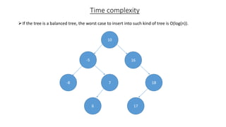 Time complexity
If the tree is a balanced tree, the worst case to insert into such kind of tree is O(log(n)).
10
-5 16
-8 7 18
6 17
 