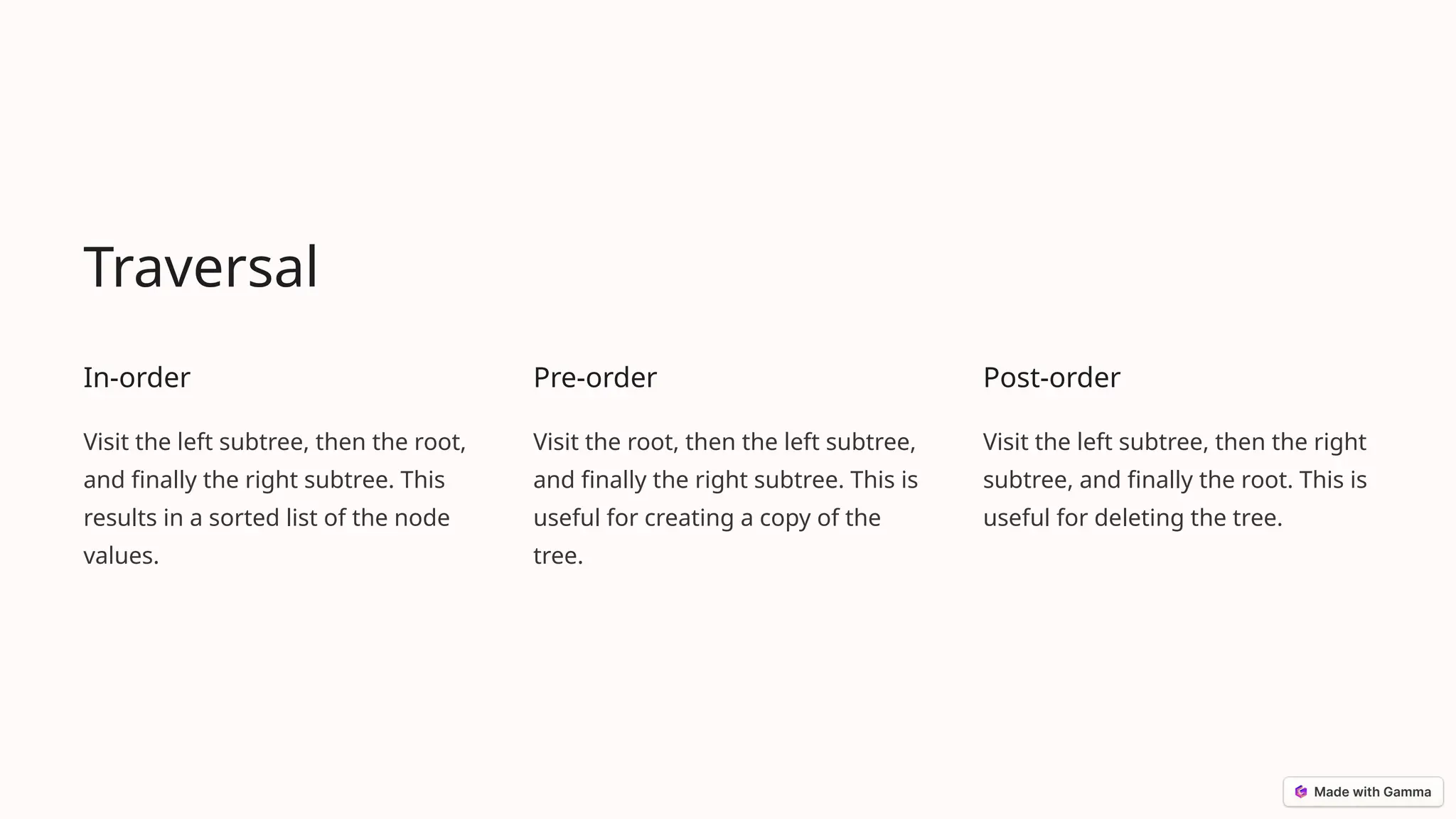 Traversal
In-order
Visit the left subtree, then the root,
and finally the right subtree. This
results in a sorted list of the node
values.
Pre-order
Visit the root, then the left subtree,
and finally the right subtree. This is
useful for creating a copy of the
tree.
Post-order
Visit the left subtree, then the right
subtree, and finally the root. This is
useful for deleting the tree.
 