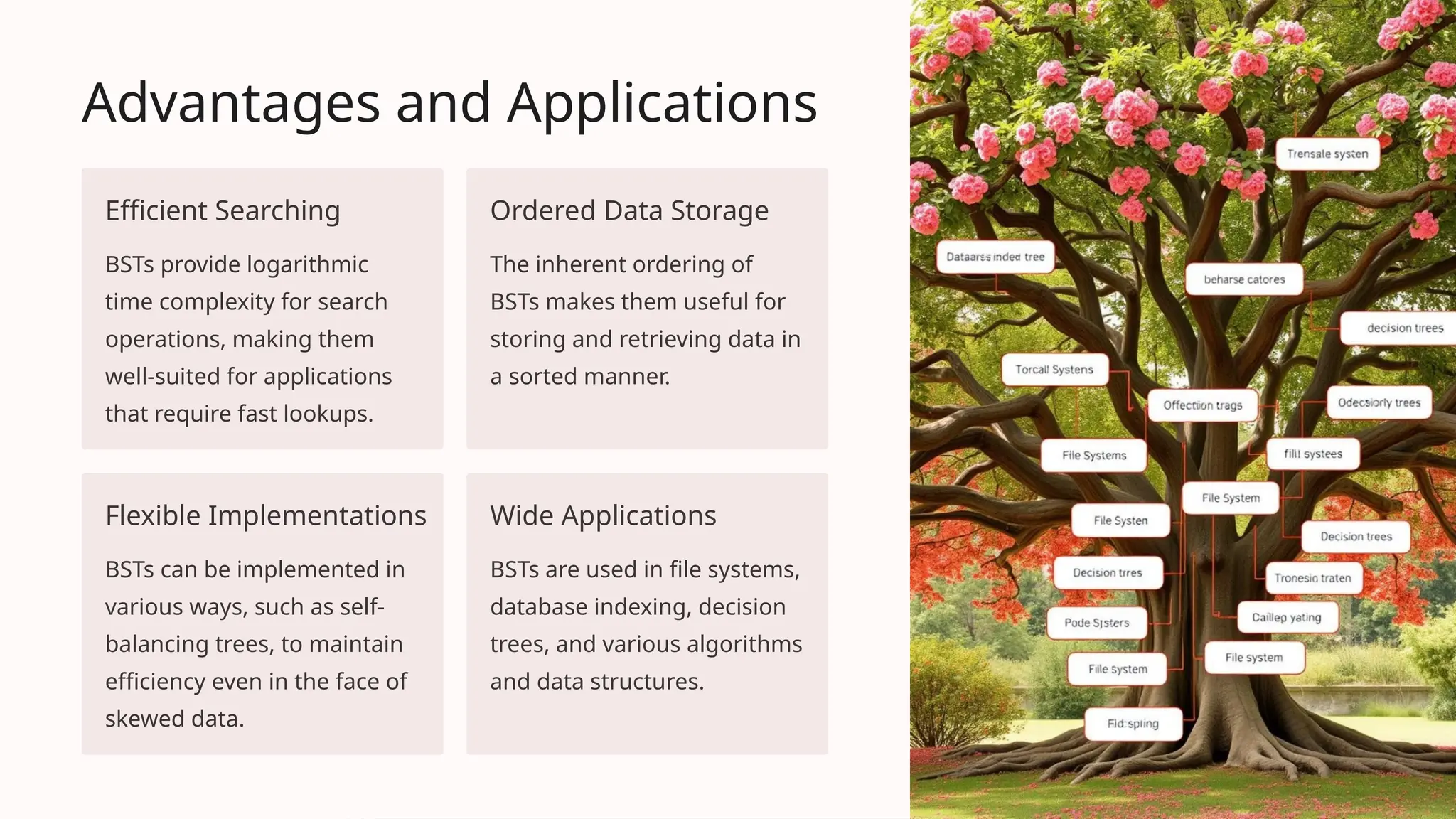 Advantages and Applications
Efficient Searching
BSTs provide logarithmic
time complexity for search
operations, making them
well-suited for applications
that require fast lookups.
Ordered Data Storage
The inherent ordering of
BSTs makes them useful for
storing and retrieving data in
a sorted manner.
Flexible Implementations
BSTs can be implemented in
various ways, such as self-
balancing trees, to maintain
efficiency even in the face of
skewed data.
Wide Applications
BSTs are used in file systems,
database indexing, decision
trees, and various algorithms
and data structures.
 