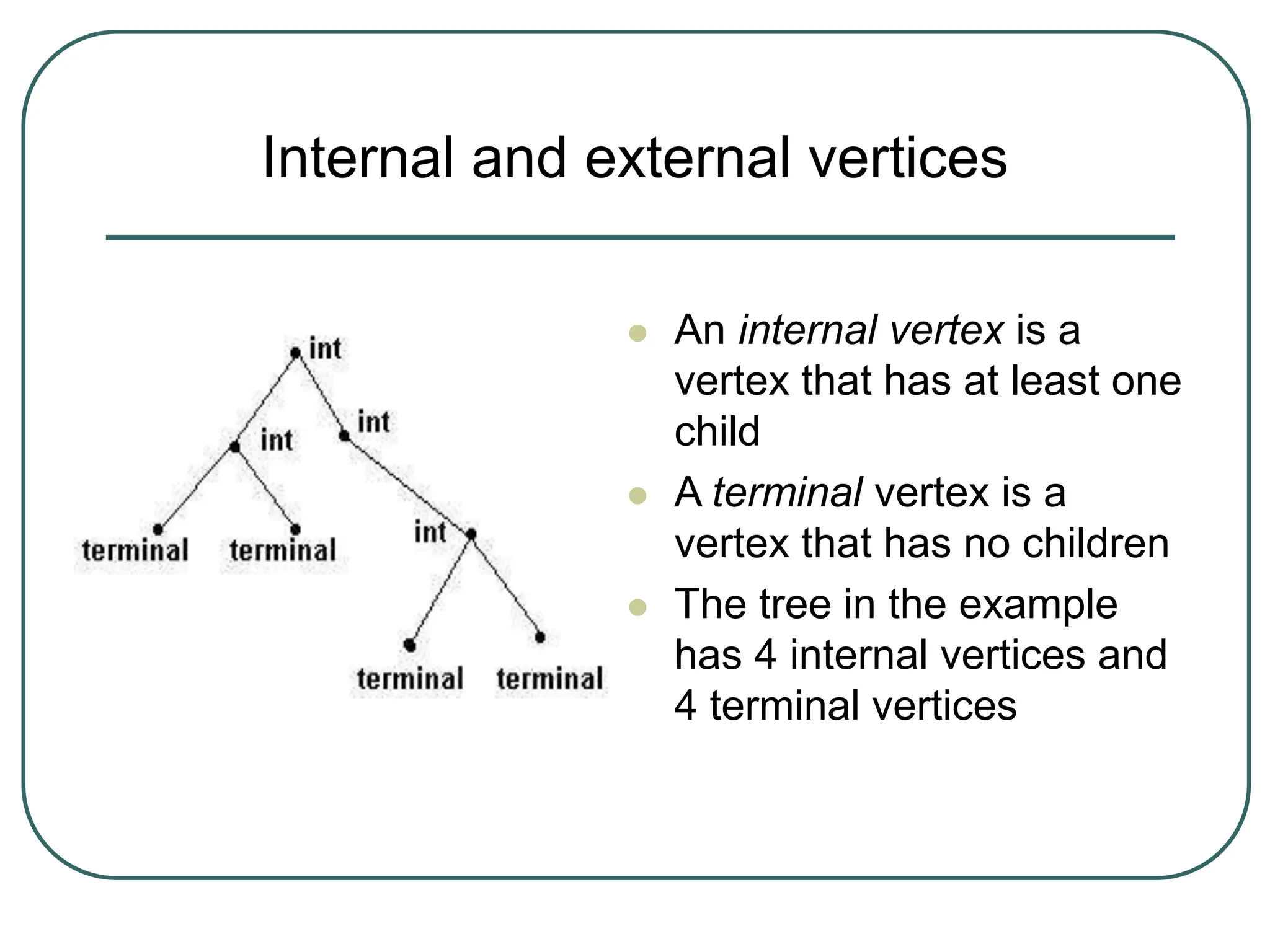 Internal and external vertices
 An internal vertex is a
vertex that has at least one
child
 A terminal vertex is a
vertex that has no children
 The tree in the example
has 4 internal vertices and
4 terminal vertices
 
