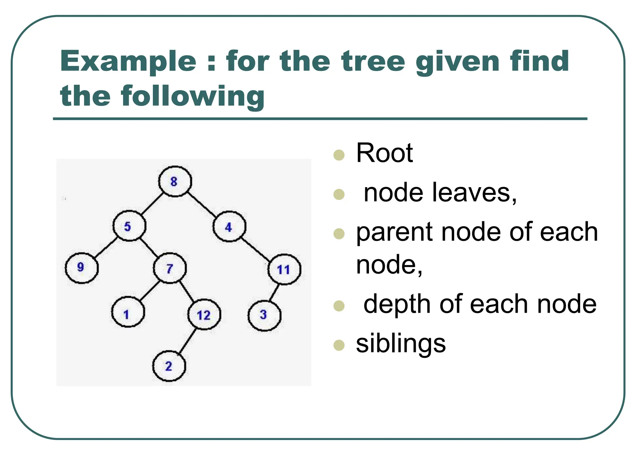 Example : for the tree given find
the following
 Root
 node leaves,
 parent node of each
node,
 depth of each node
 siblings
 