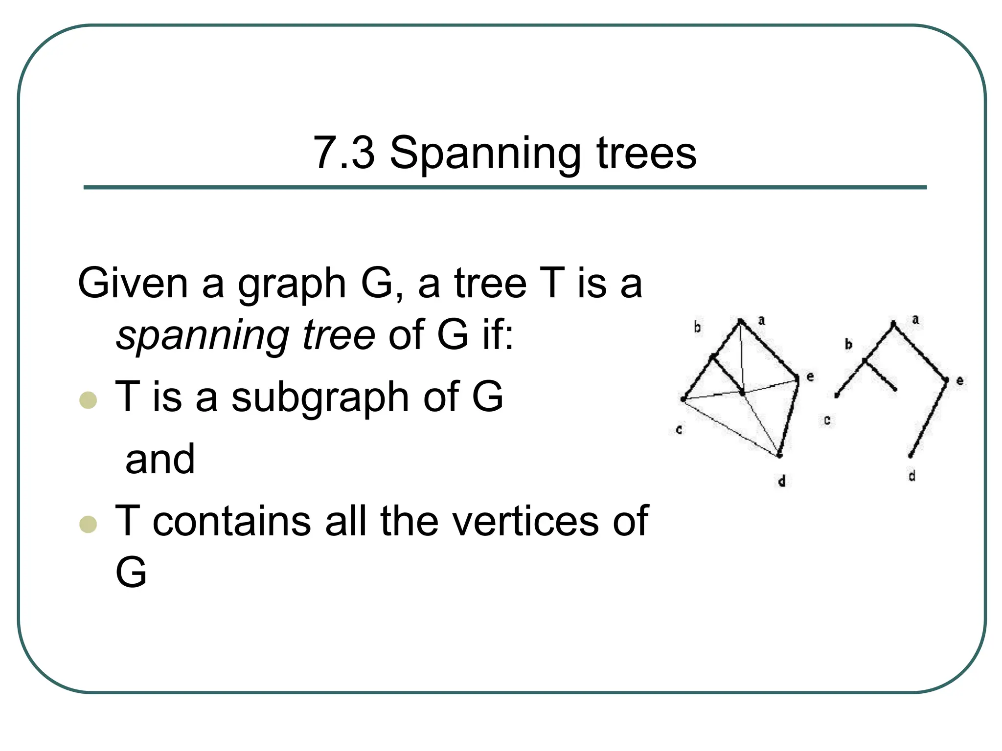 7.3 Spanning trees
Given a graph G, a tree T is a
spanning tree of G if:
 T is a subgraph of G
and
 T contains all the vertices of
G
 