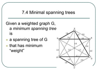 7.4 Minimal spanning trees
Given a weighted graph G,
a minimum spanning tree
is
 a spanning tree of G
 that has minimum
“weight”
 